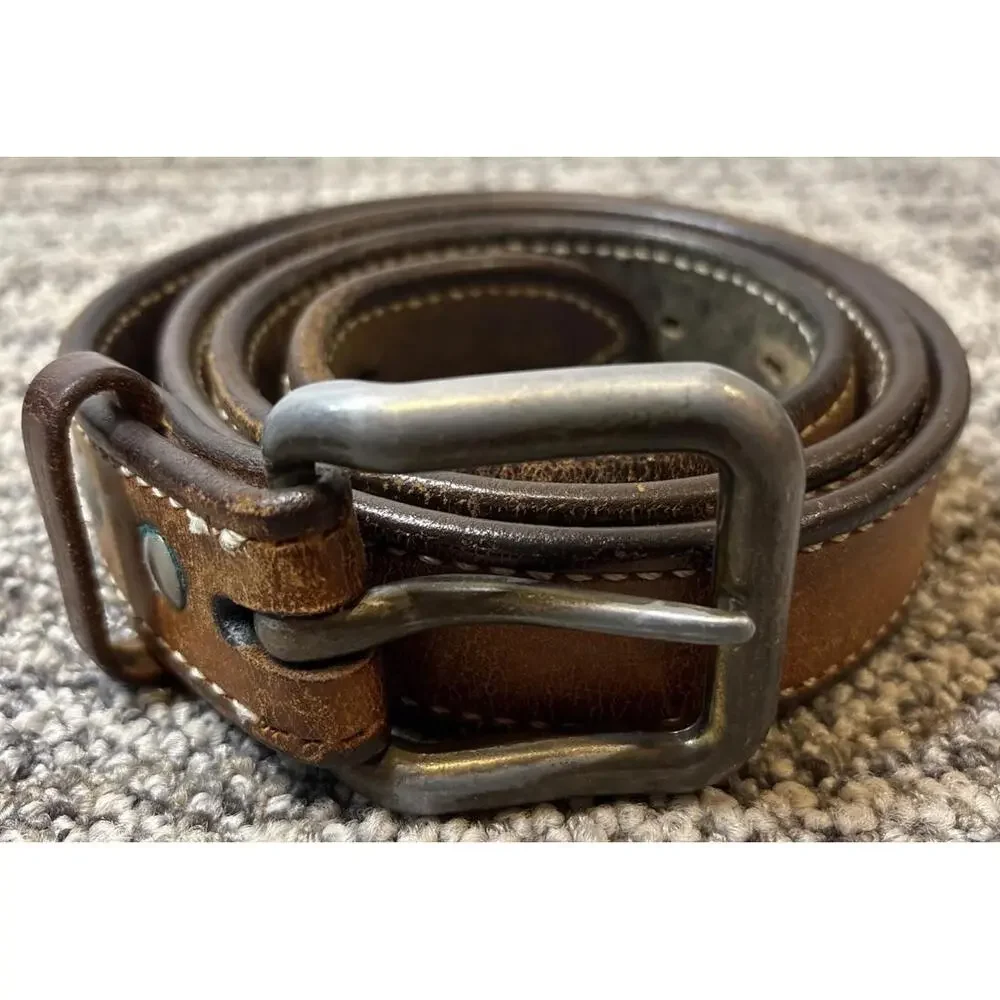 Vintage Handmade Brown with White Stitching Thick Belt 100% Leather 42 X 1.5”